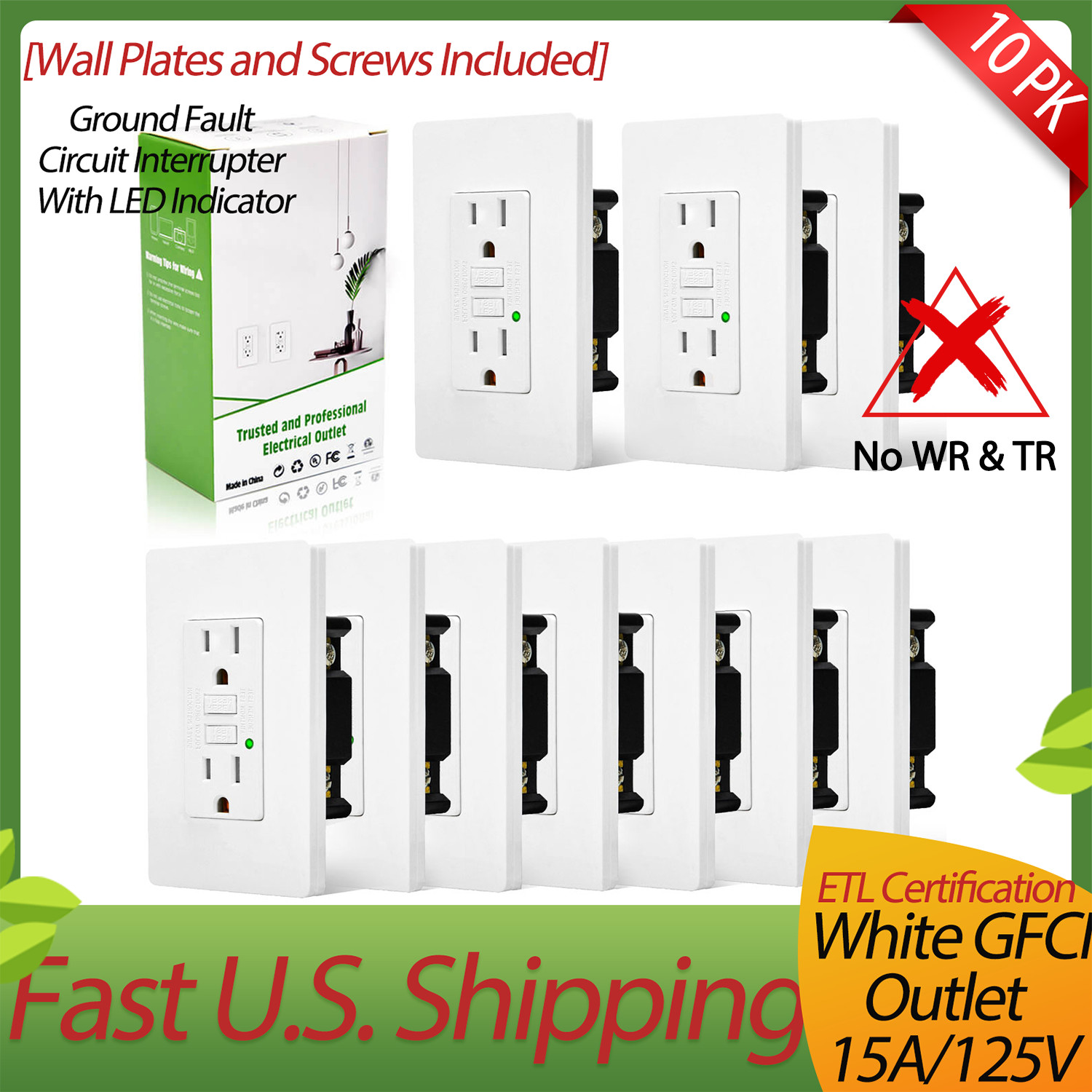 10 x 15A/125V GFCI Non-TR Outlet with Plate,White,ETL Listed,for Home & Office