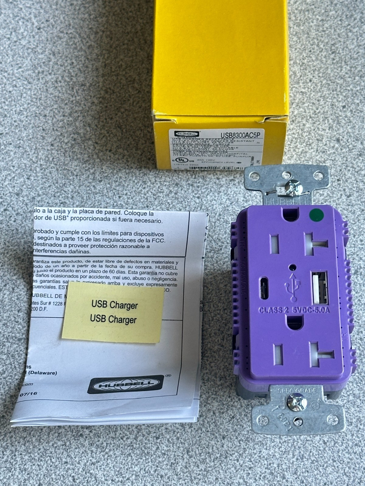NEW Hubbell USB8300AC5P Receptacle Duplex USB A USB C CHARGER 5A 5V Purple