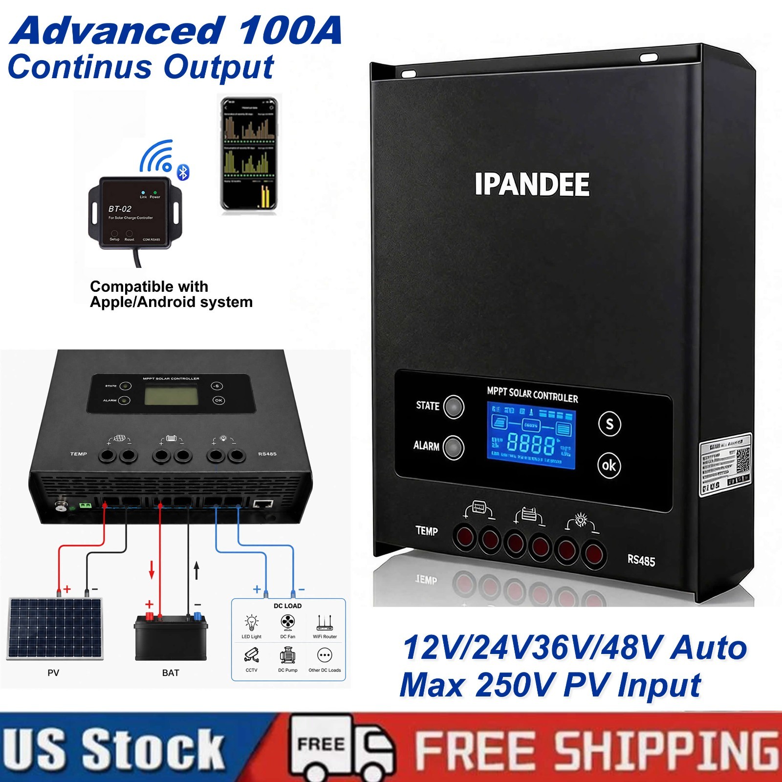 100A 250V Solar Charge Controller LCD Display for RV Boat Off-Grid System 12-48V