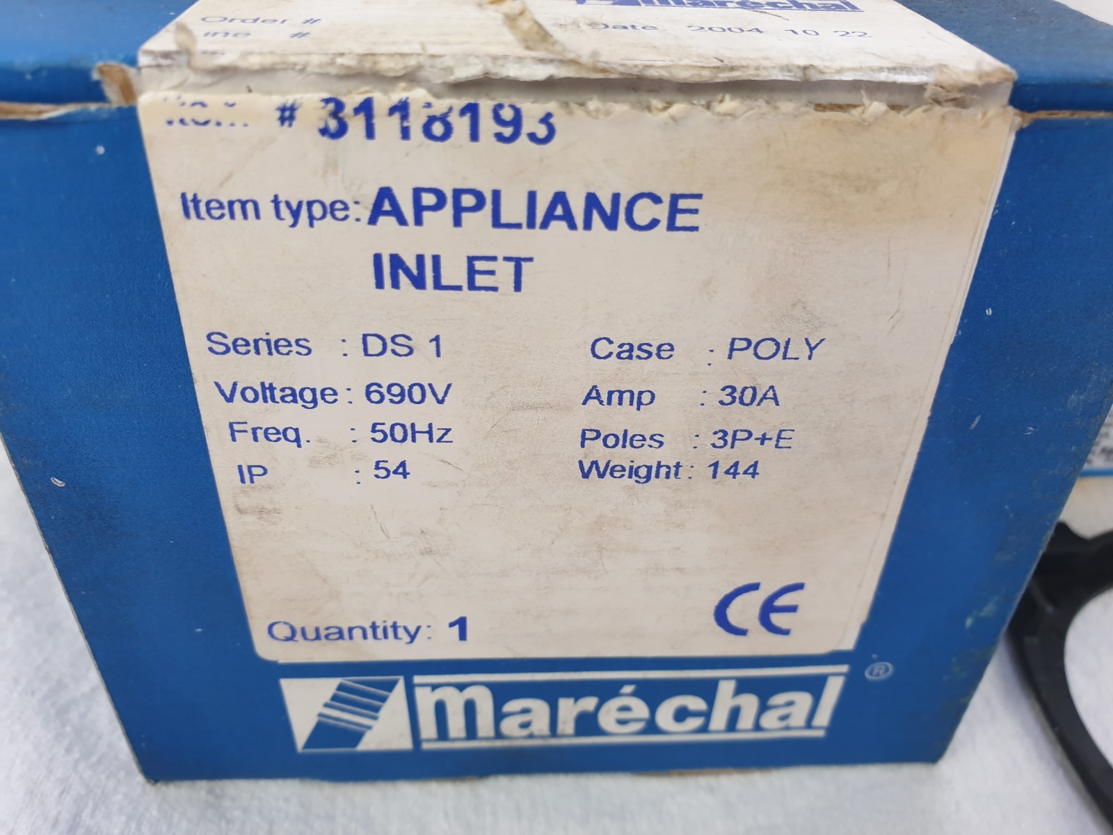 Marechal DS1 Appliance Inlet 3118193 690VAC 50Hz 30A 3P+E Blue Poly IP54 Unused