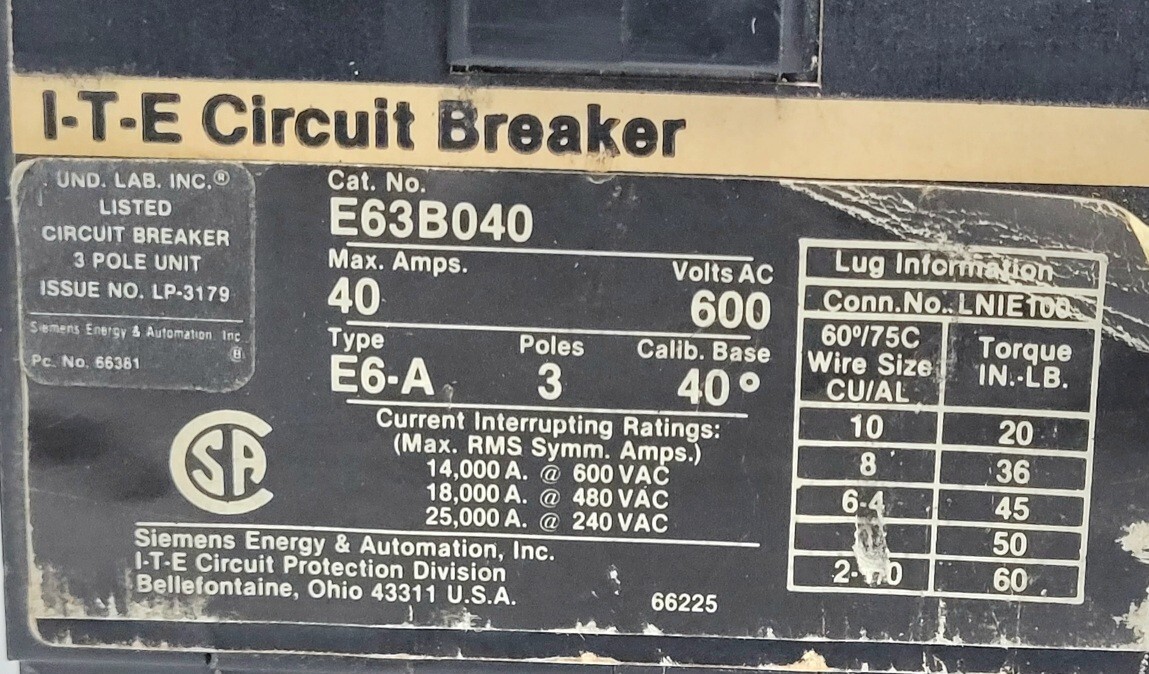 ITE Breaker E63B040 3pole 40amp 600volts E6-A *H54