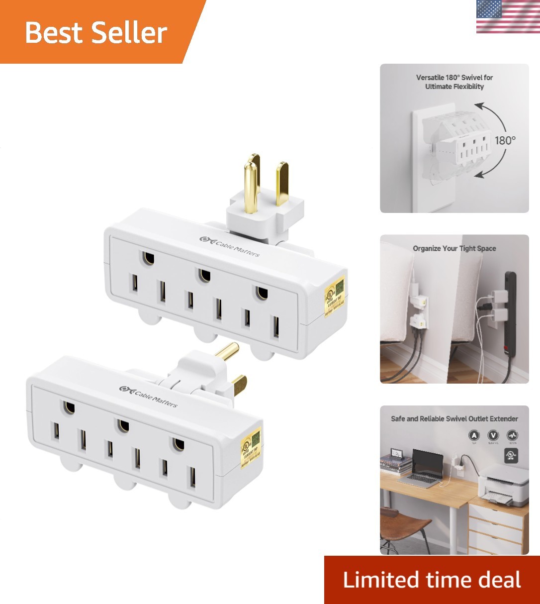 Listed 2-Pack 3-Outlet Grounded Swivel Wall Tap