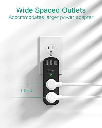 USB Outlet Extender Surge Protector 1800J 6 AC 3 USB Rotating Plug Travel