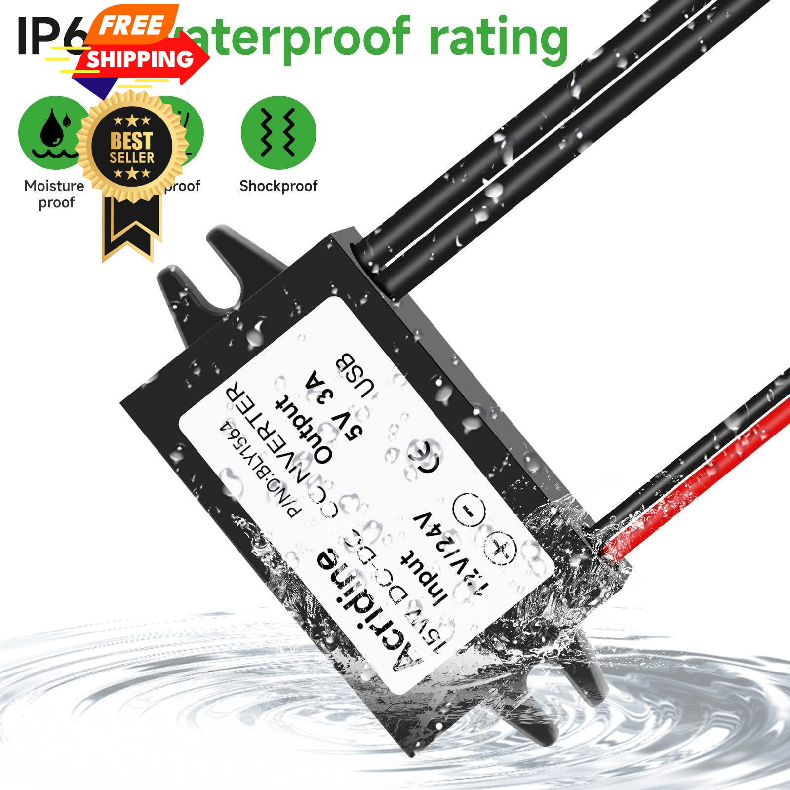 Acridine 12V 24V DC to 5V 3A USB Female Converter Adapter Buck Module Black