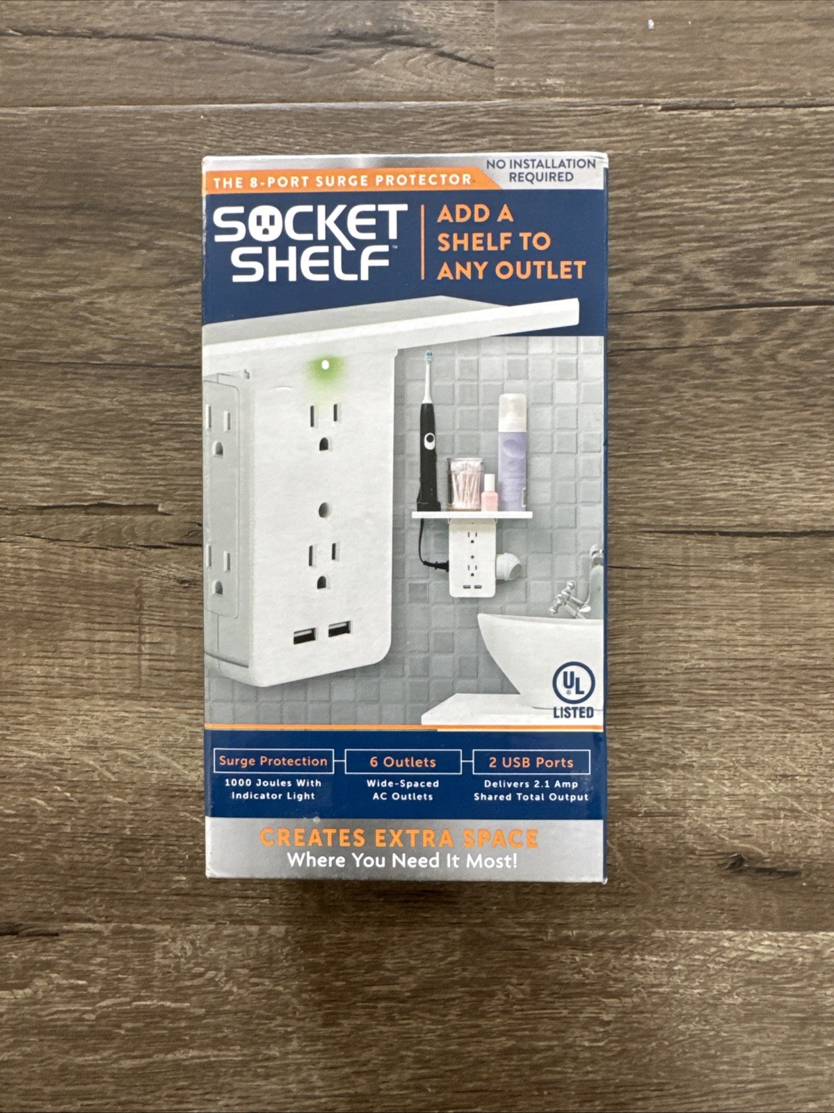 Socket Shelf Cordless Wall Outlet Extender with 6-Outlets and 2 USB Ports – New