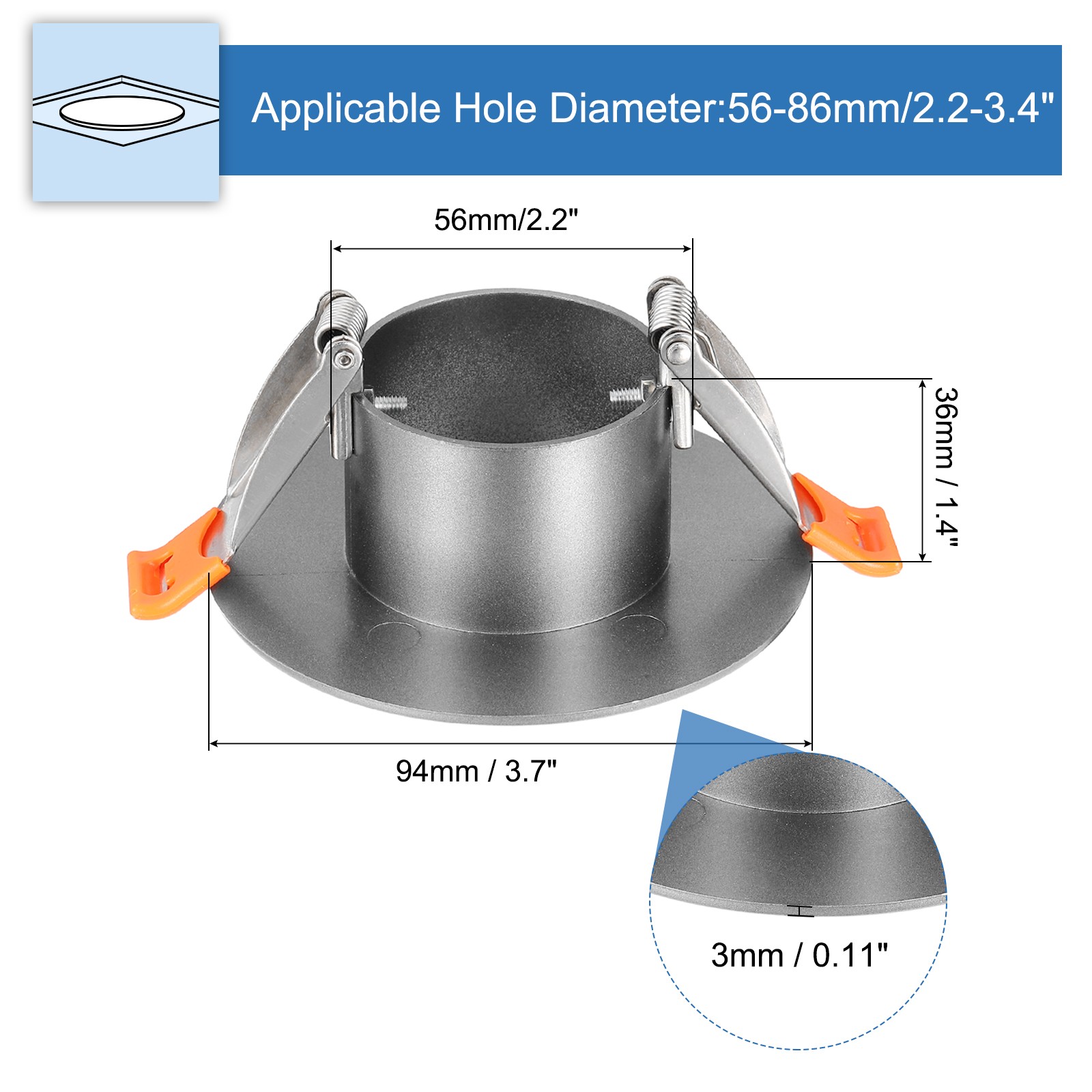 3.7″ Spring Ceiling Cover Plate for 2.2-3.4″ Round Hole, Dark Gray