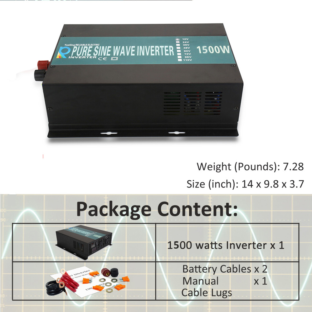 24V to 120V Pure Sine Wave Inverter 1500W Power Converter Solar Home System Car