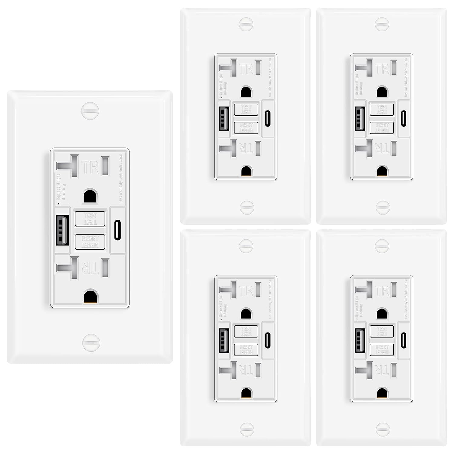 15A GFCI Outlet with USB C&A, Self-Test TR ETL Listed White 2 Pack | Tamper-Resi