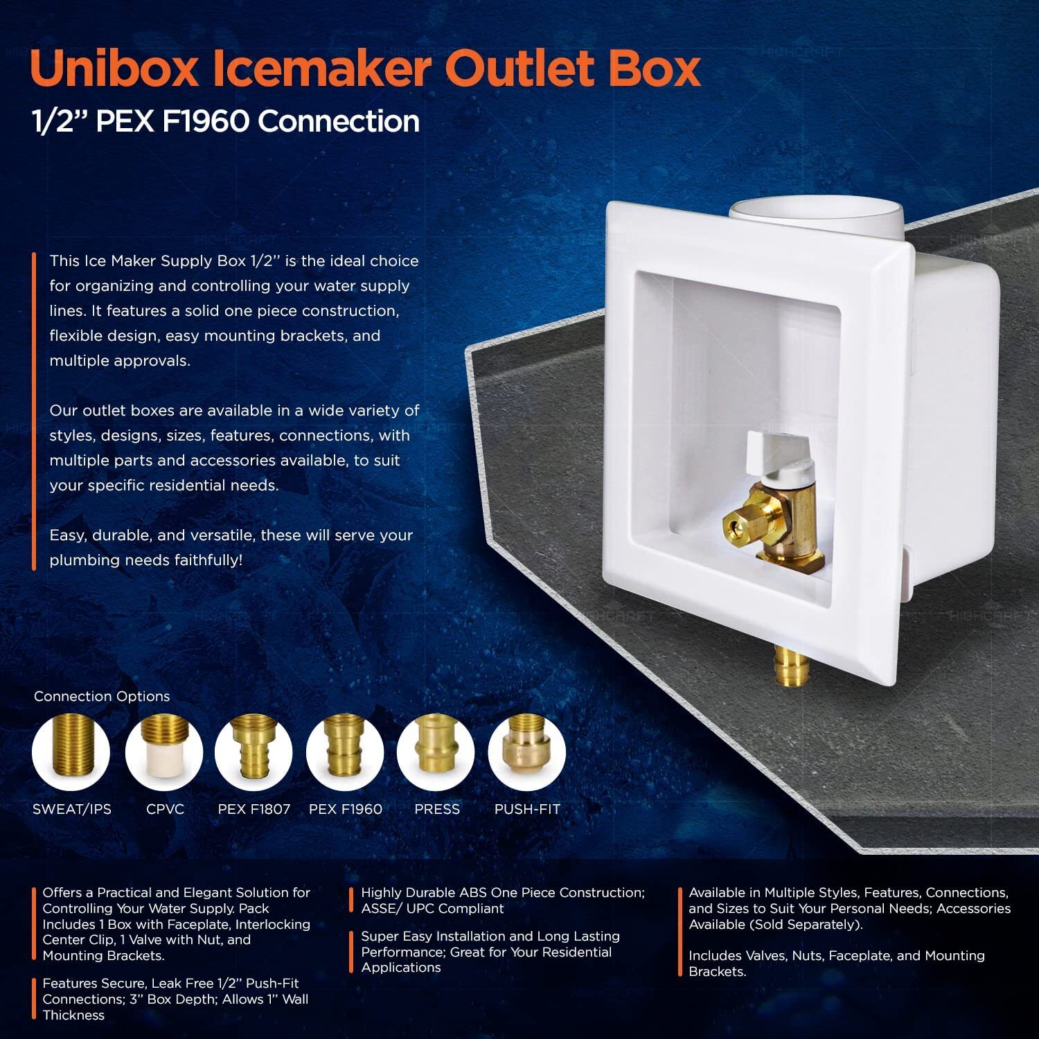Icemaker Outlet Box with Mount Valves 1/2”in PEX A White ABS (Single) Expansion