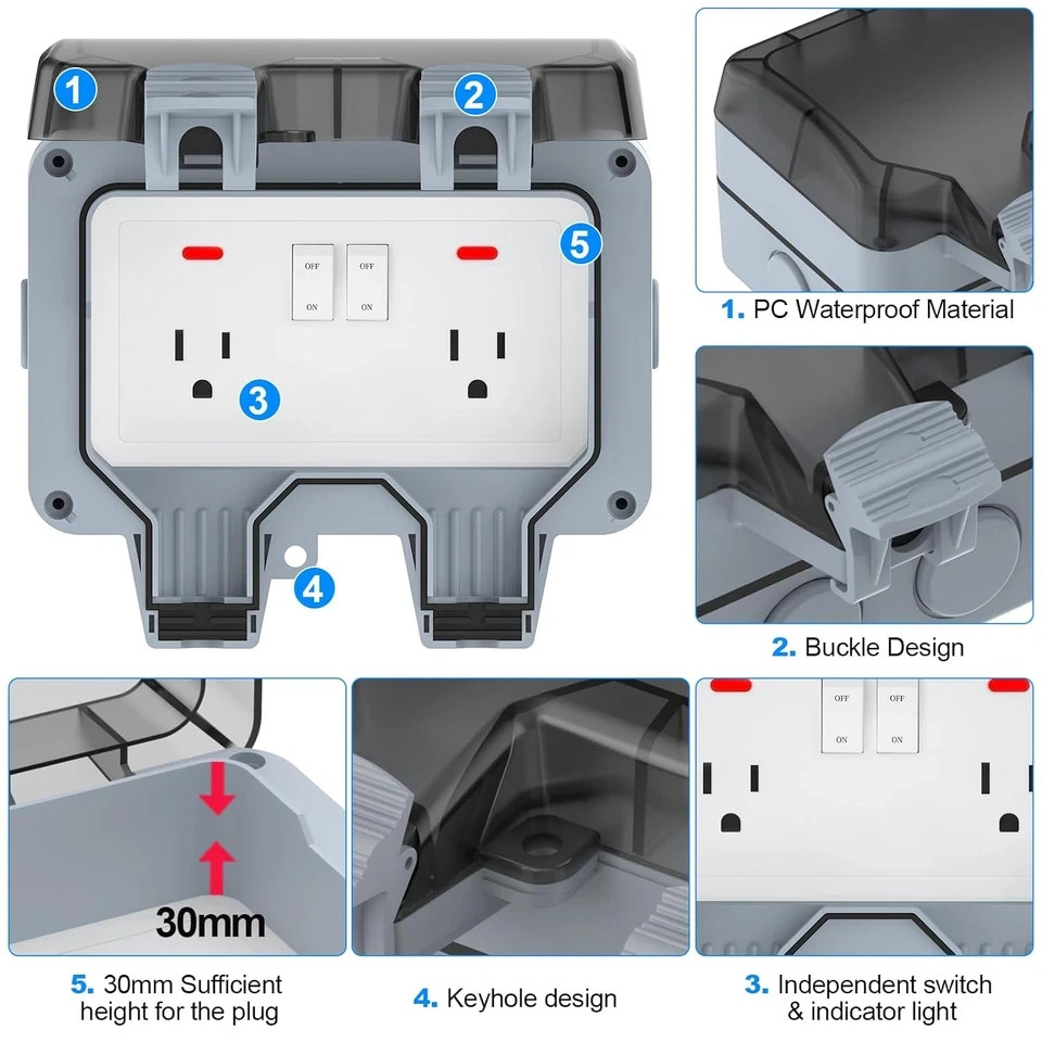 Double Outdoor Outlet with Box Waterproof IP66 Outdoor Electrical Receptacle, Ou