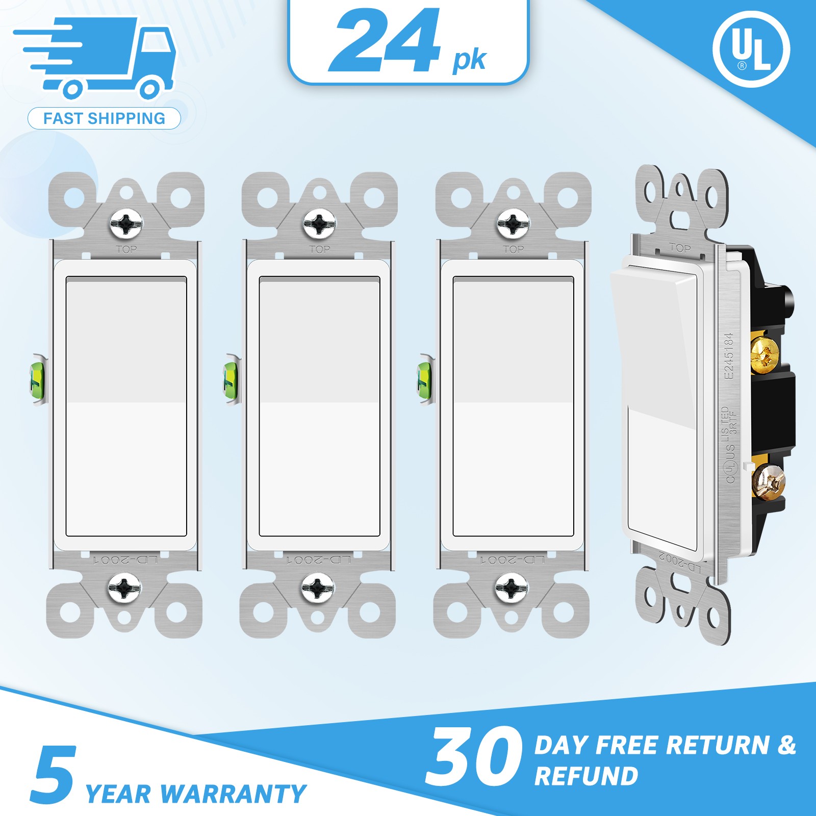 24PCS White Decorator 3 Way Switch 15A 120/277V UL/CUL Rocker Switch for Home