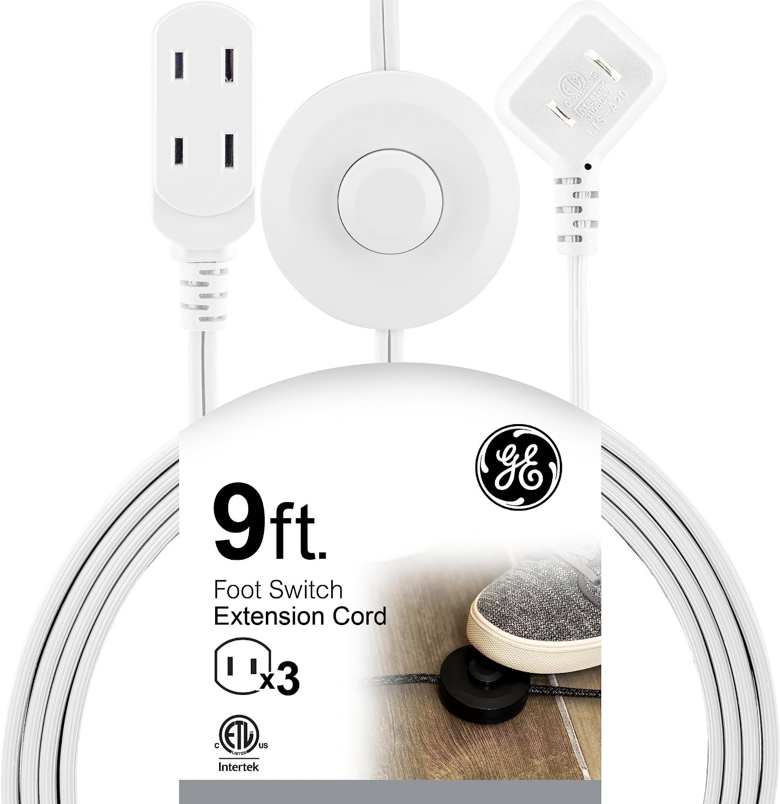 9ft Extension Cord with Footswitch, 3 Outlets, On/Off Switch, UL Listed, White –