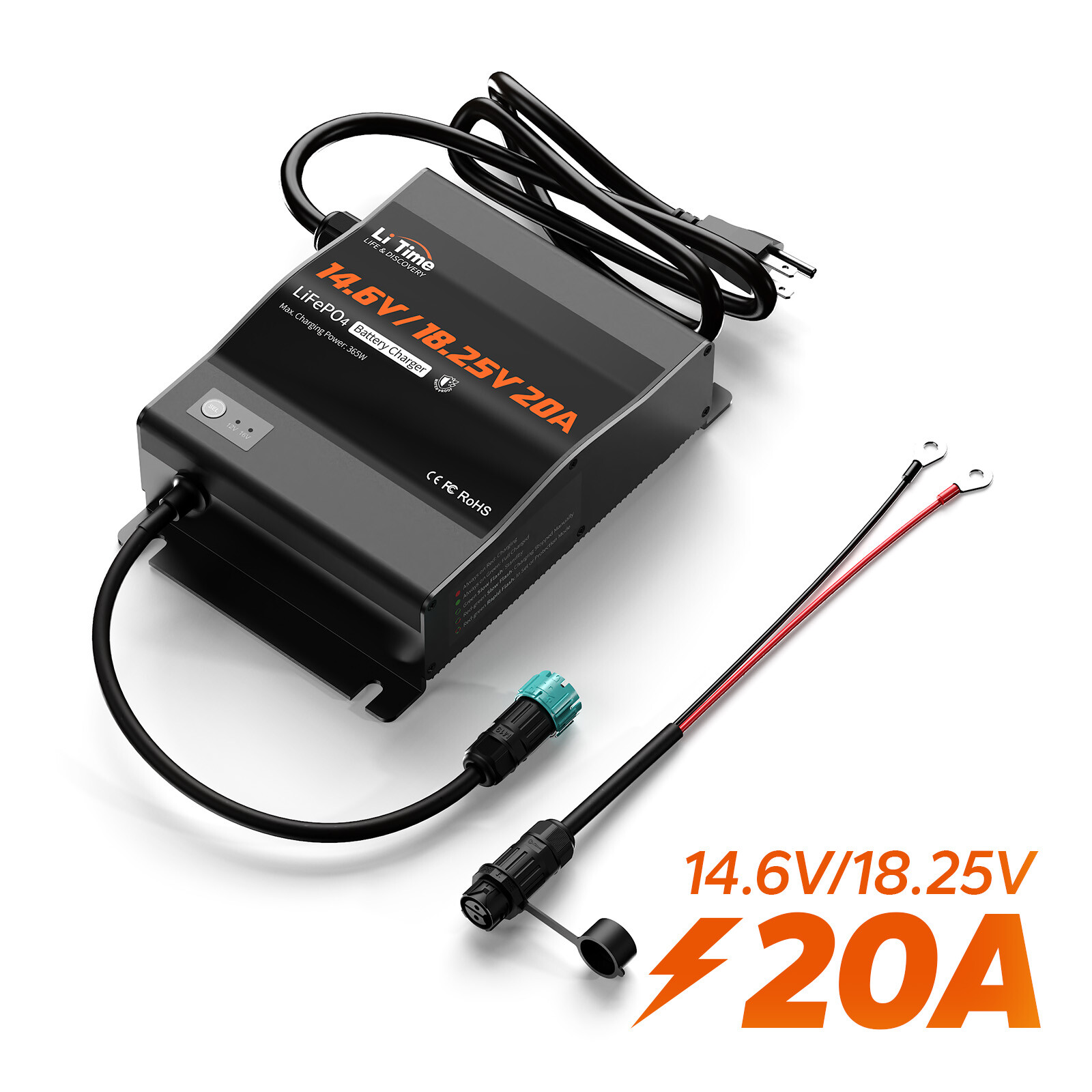 LiTime 12V/16V Dual Voltage 20A Waterproof Lithium LiFePO4 Battery Charger IP65