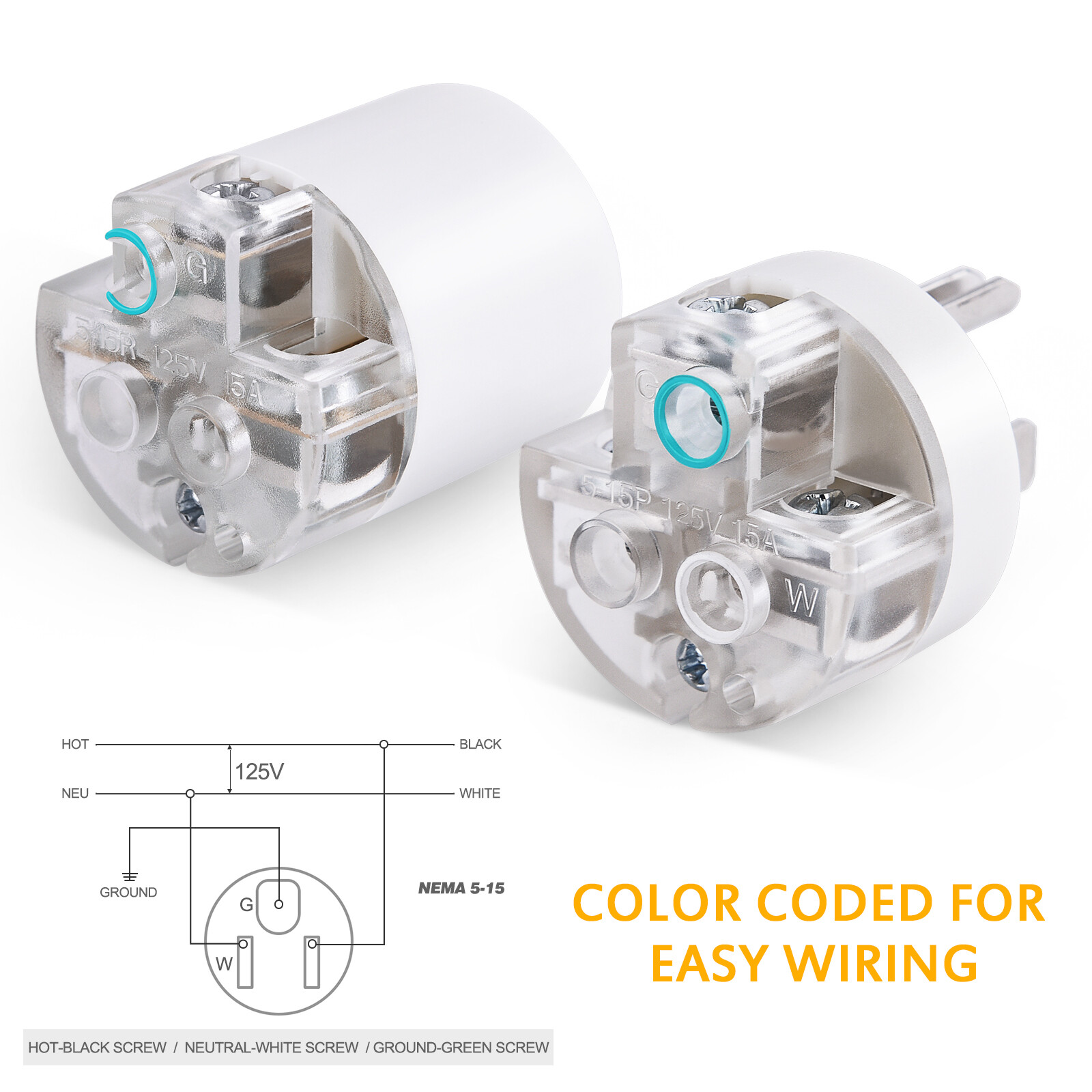 5 Sets Extension Cord Ends Male and Female Plug – 15 Amp 125 Volt NEMA 5-15 Plug