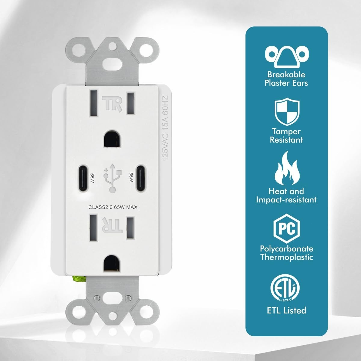 65W 2-Port USB C Wall Outlet, PD 3.0 GaN Tamper-Resistant 15 Amp