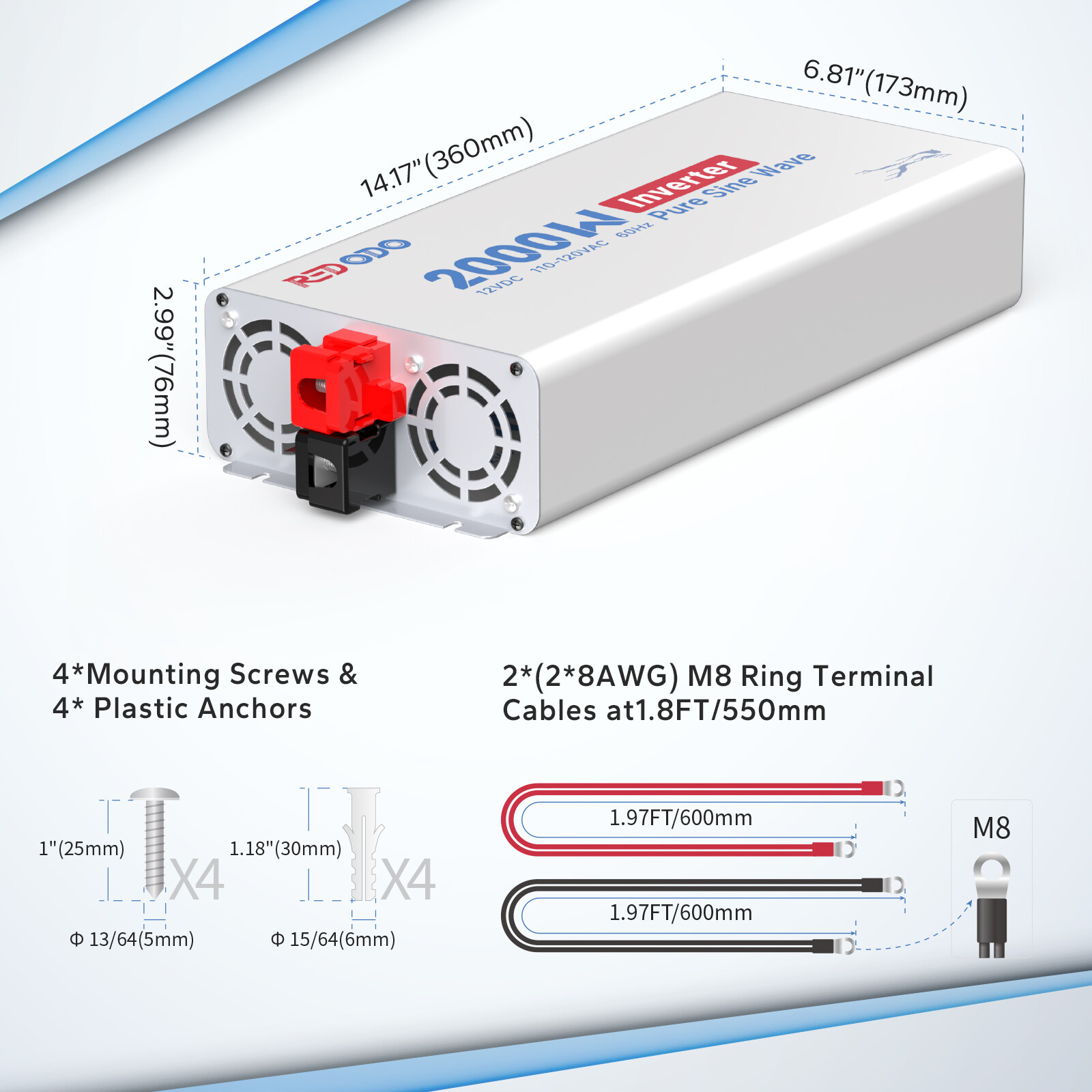 Redodo 1000W 2000W Pure Sine Wave Inverter 12V DC to 120V AC Solar Converter