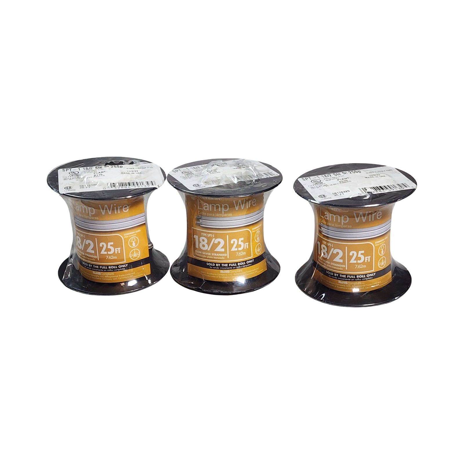 3-Pack Southwire SPT-1 18/2 Clear Silver Stranded Lamp Wire Flexible Cord 25 ft