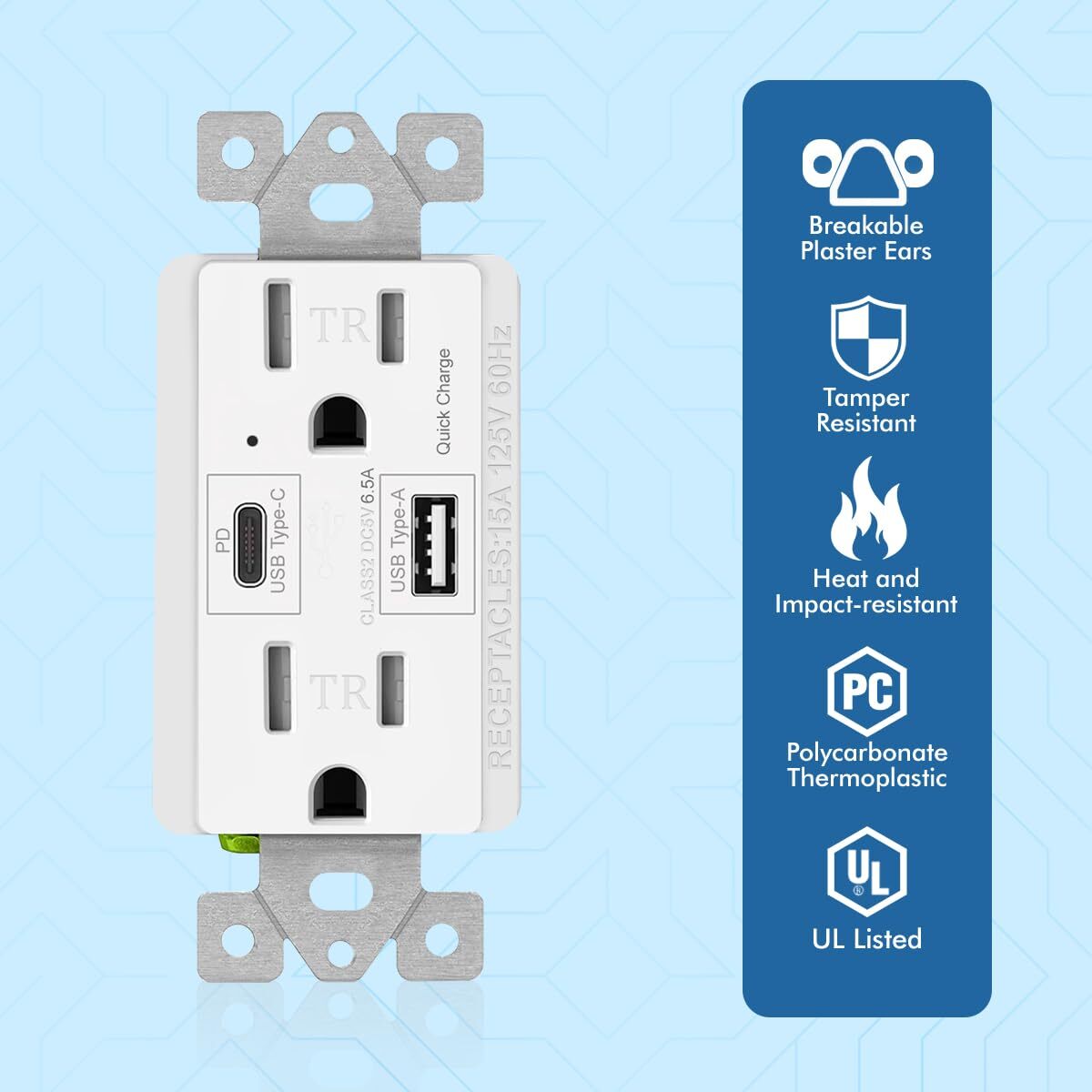 USB C Outlet PD 65W 6.5A Power Delivery Duplex Receptacle 15 Amp,UL Listed White