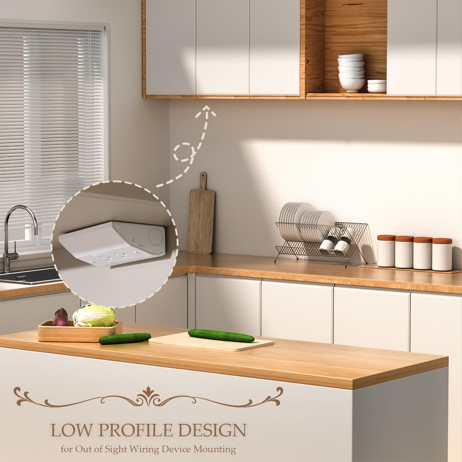 Low Profile Under Cabinet Outlet Box, Slim Electrical White