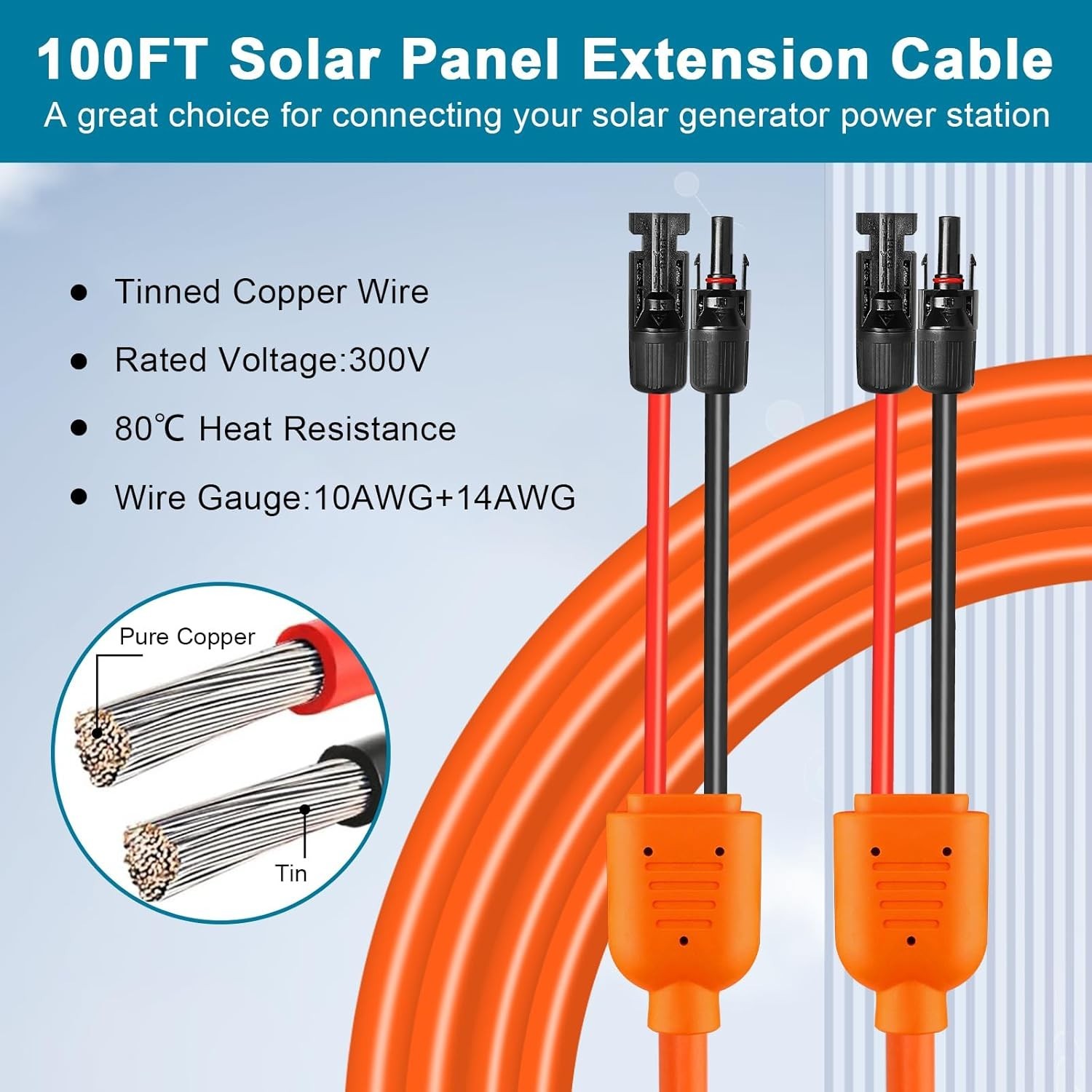 100FT Solar Panel Extension Cable – 10AWG/14AWG IP68 Waterproof Wire Set