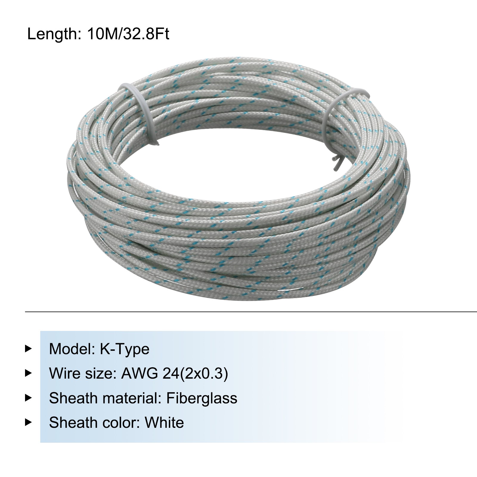 K-Type 2×0.3 Thermocouple Wire 24AWG Braided Fiberglass Insulation 33 Ft