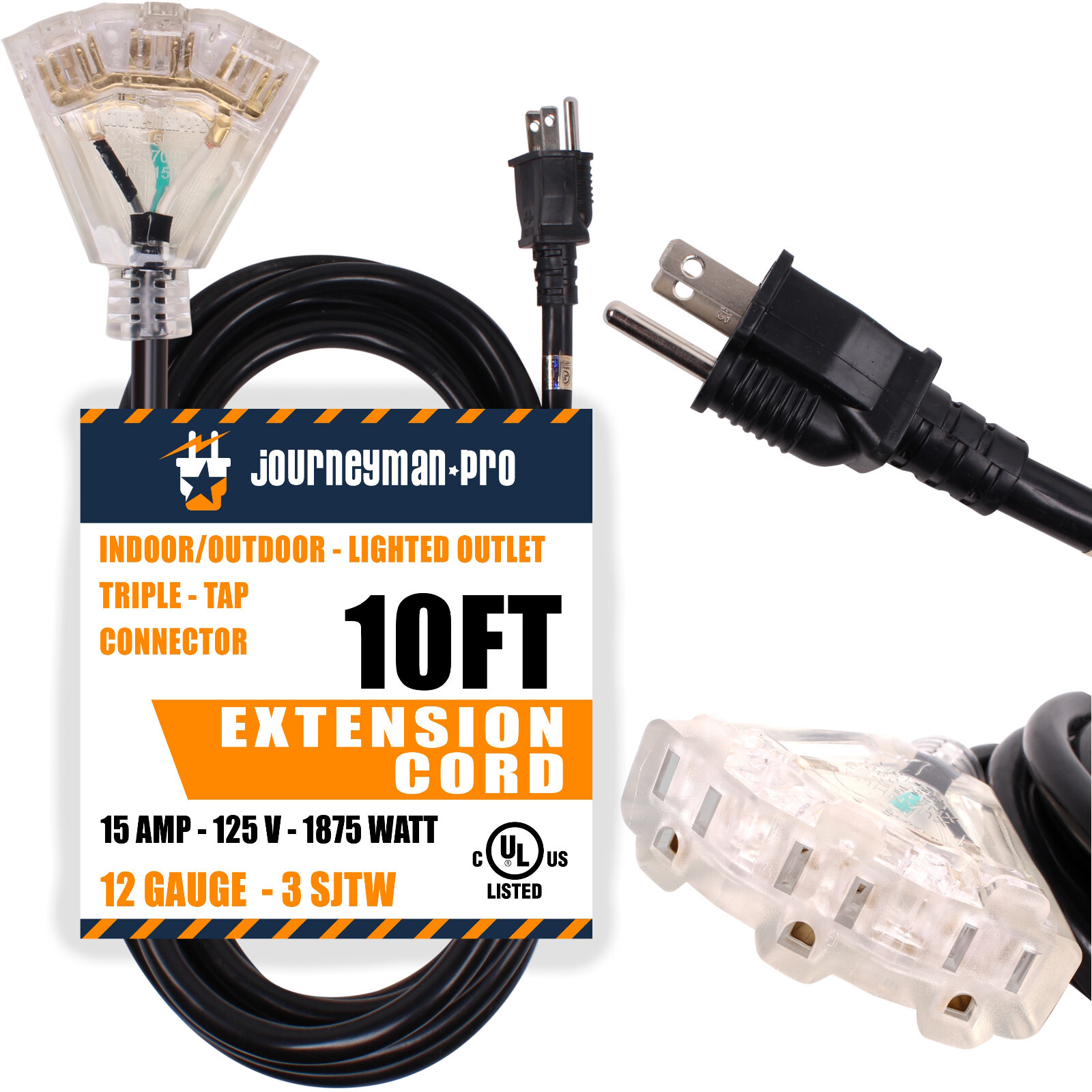10FT Lighted Outdoor Extension Cord Triple-Tap 3 Way Splitter 15 AMP 12 AWG 10′