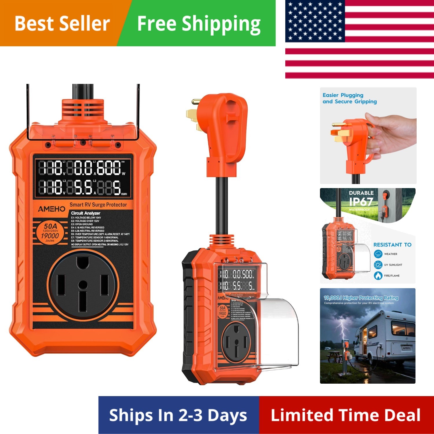 RV Surge Protector 50 Amp, 19000J with Smart Auto Shutoff – Waterproof – LED …