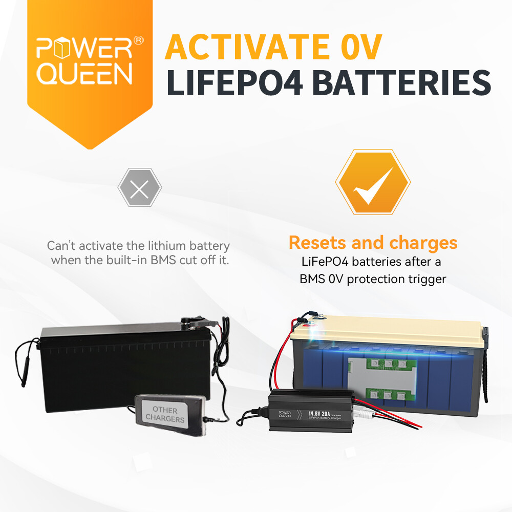 Power Queen 14.6V 20A Smart AC-DC Lithium Battery Charger for 12V 100Ah LiFePO4