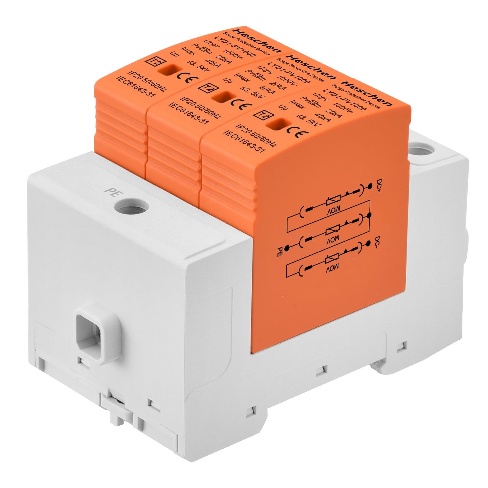 Surge Protective Device PV LYD1PV1000 3P 1000VDC 20KA 35mm DIN Rail Mount