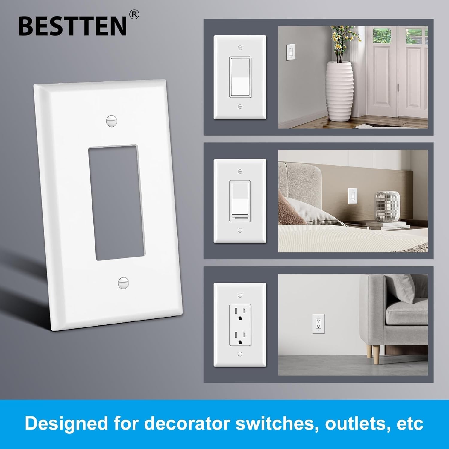 10 Pack Oversize Wall Plate, 1-Gang Decorator Receptacle Cover, Polycarbonate