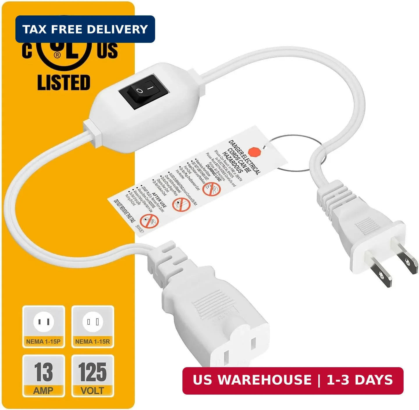 On Off Switch Extension Cord [2-Feet], 2-Prong/2 Outlet Polarized Extension Cord