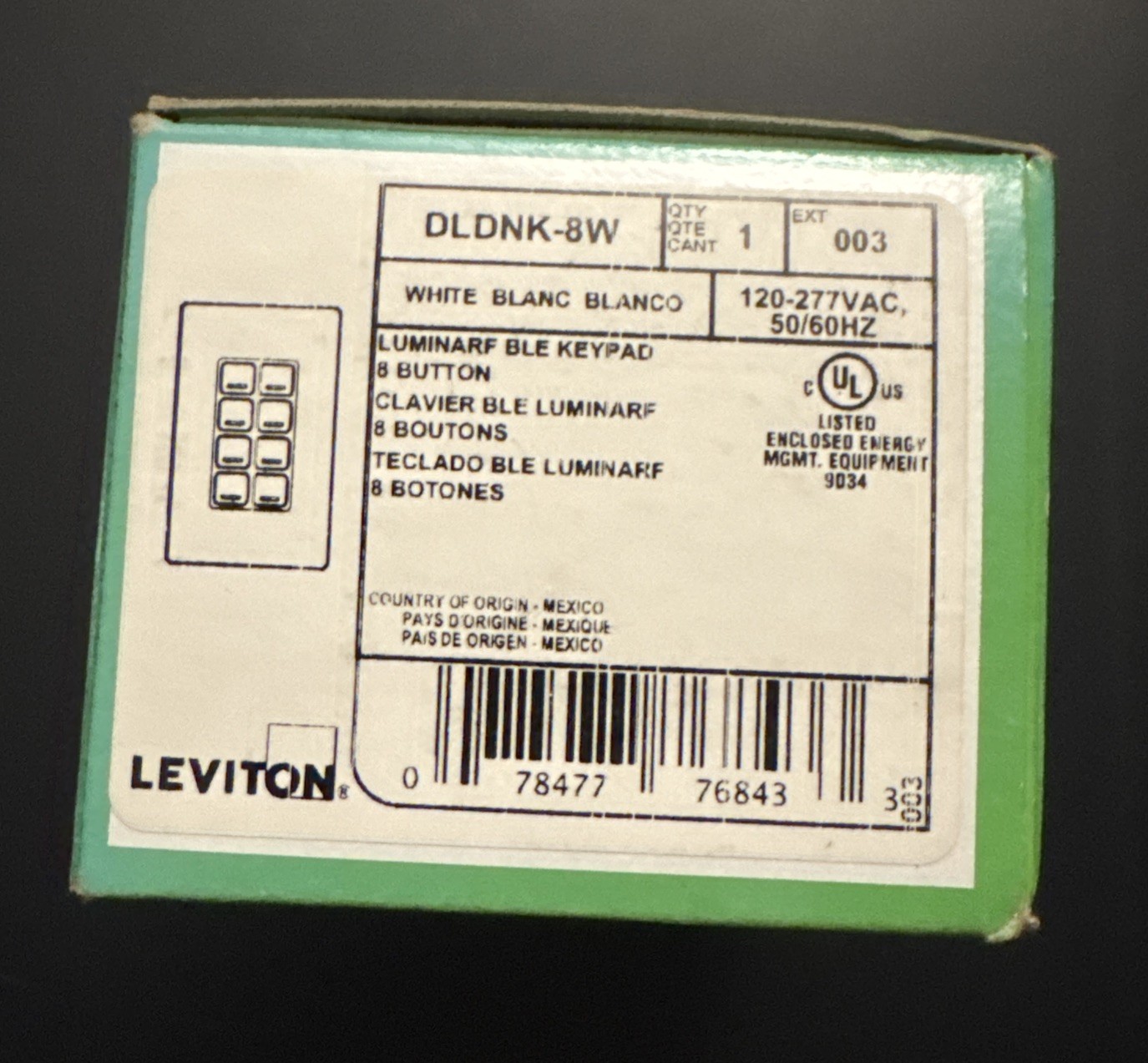 Leviton DLDNK-8W White Luminaire BLE Keypad 8 Button NEW IN BOX