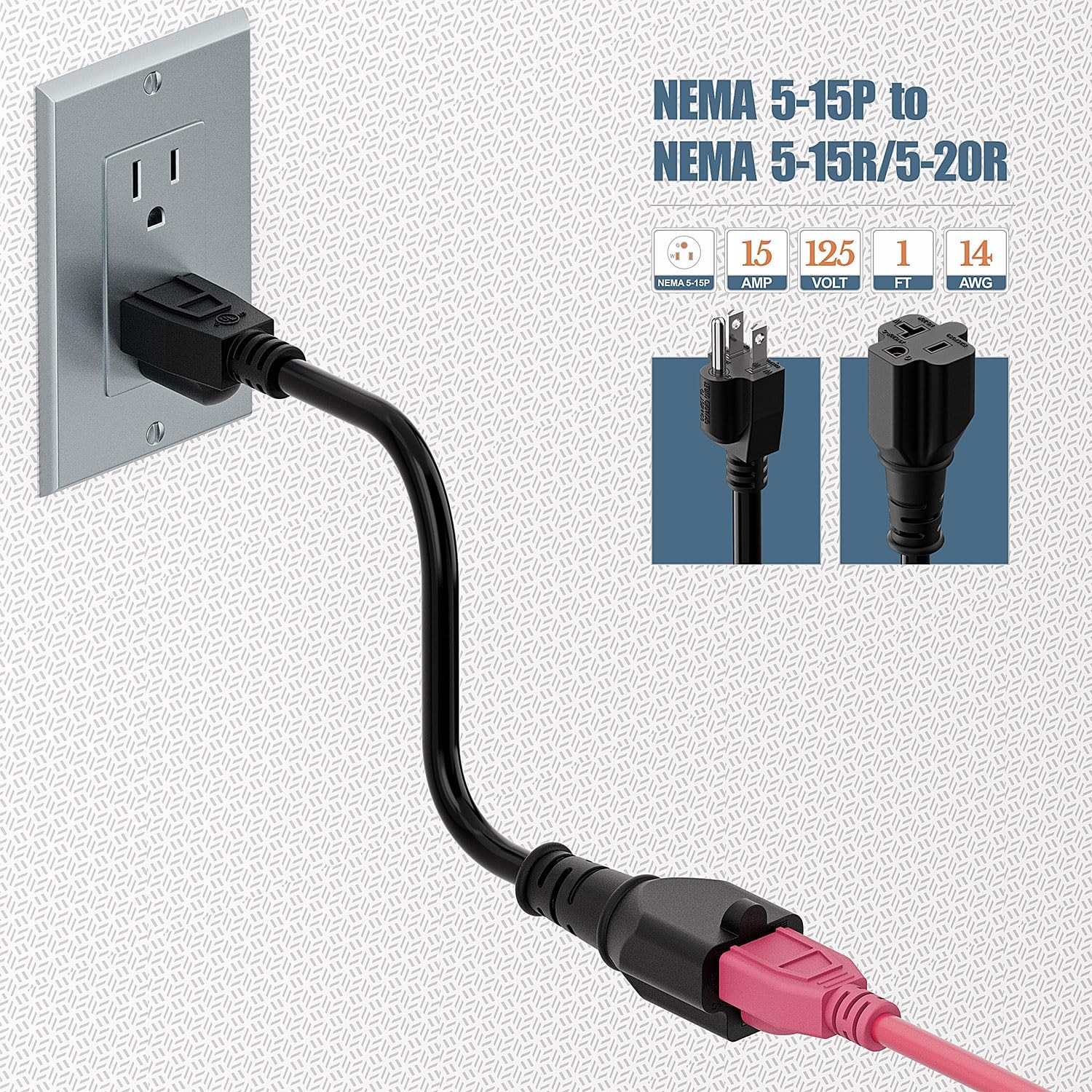 1FT NEMA 5-15P to 5-15R / 5-20R Adapter Cord, 15Amp to 20Amp Plug Adapter Cab…