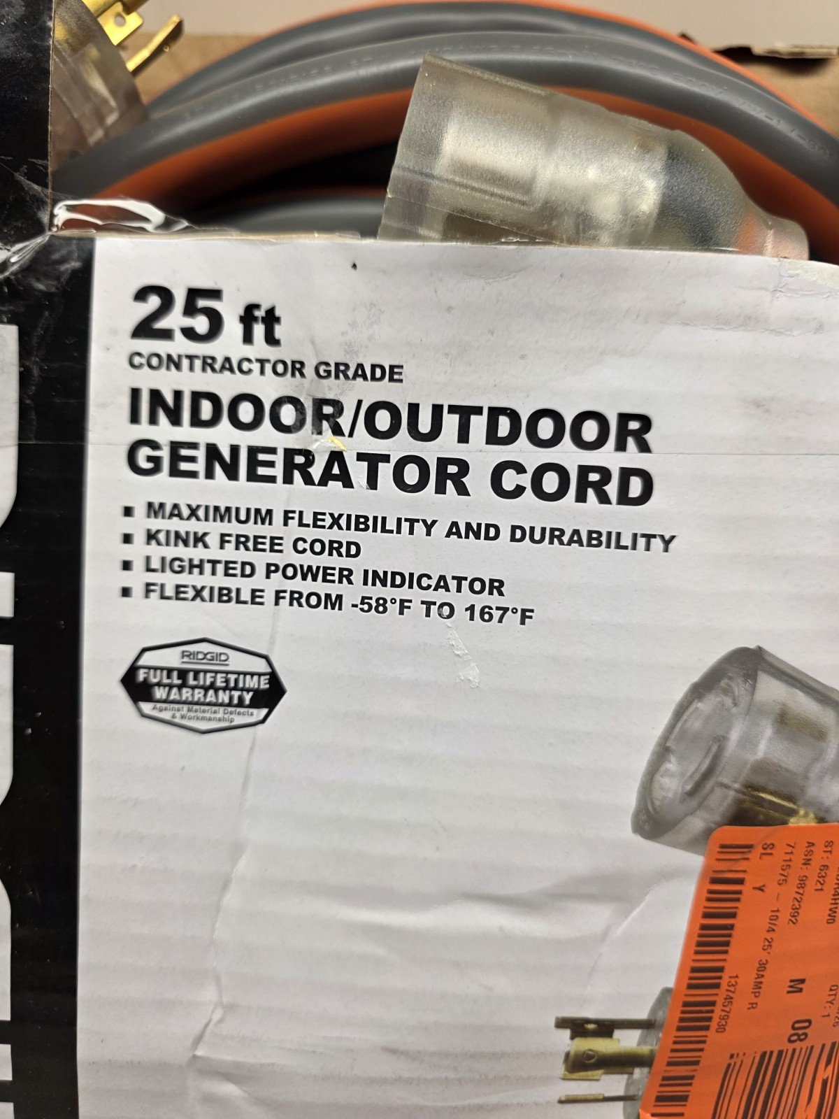 RIDGID 25′ 10/4 Heavy Duty Outdoor L14-30 Amp Generator Extension Cord, Orange