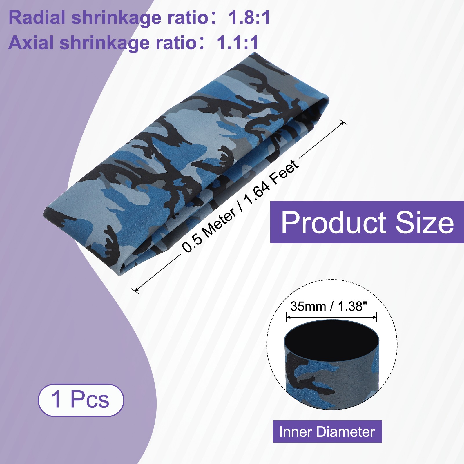 1.6ft 1.4″/35mm Dia Fishing Rod Heat Shrink Tube 1.8:1, Camouflage Blue