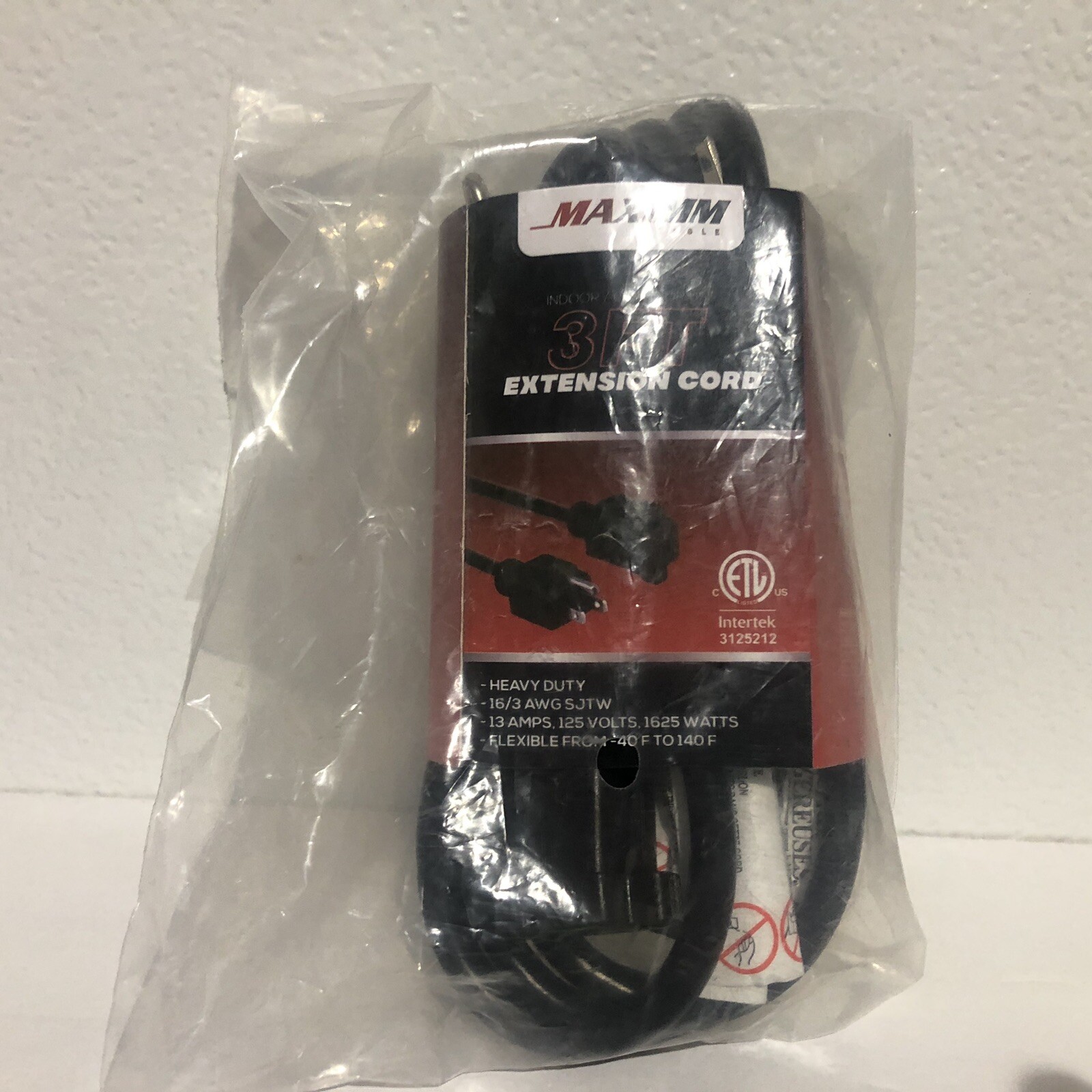 3 Ft Extension Cord Heavy Duty 16/3 AWG 13 Amps 125 Volts 1625 Watts 2-Pack New