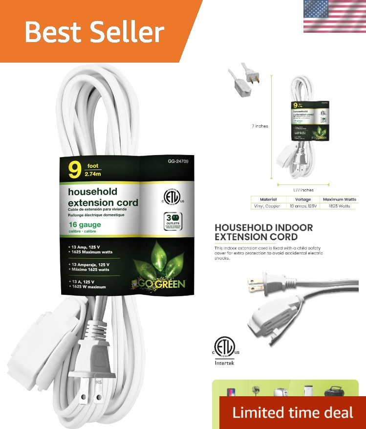 GoGreen Power GG-24709 16/2 9’ Household Extension Cord, 3 Outlets, White, 9 Ft