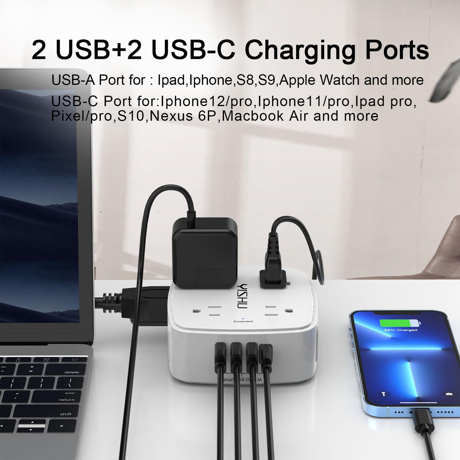 6 Ft Surge Protector Power Strip 8 Widely Outlets with 4 USB Ports 3 Side Outlet
