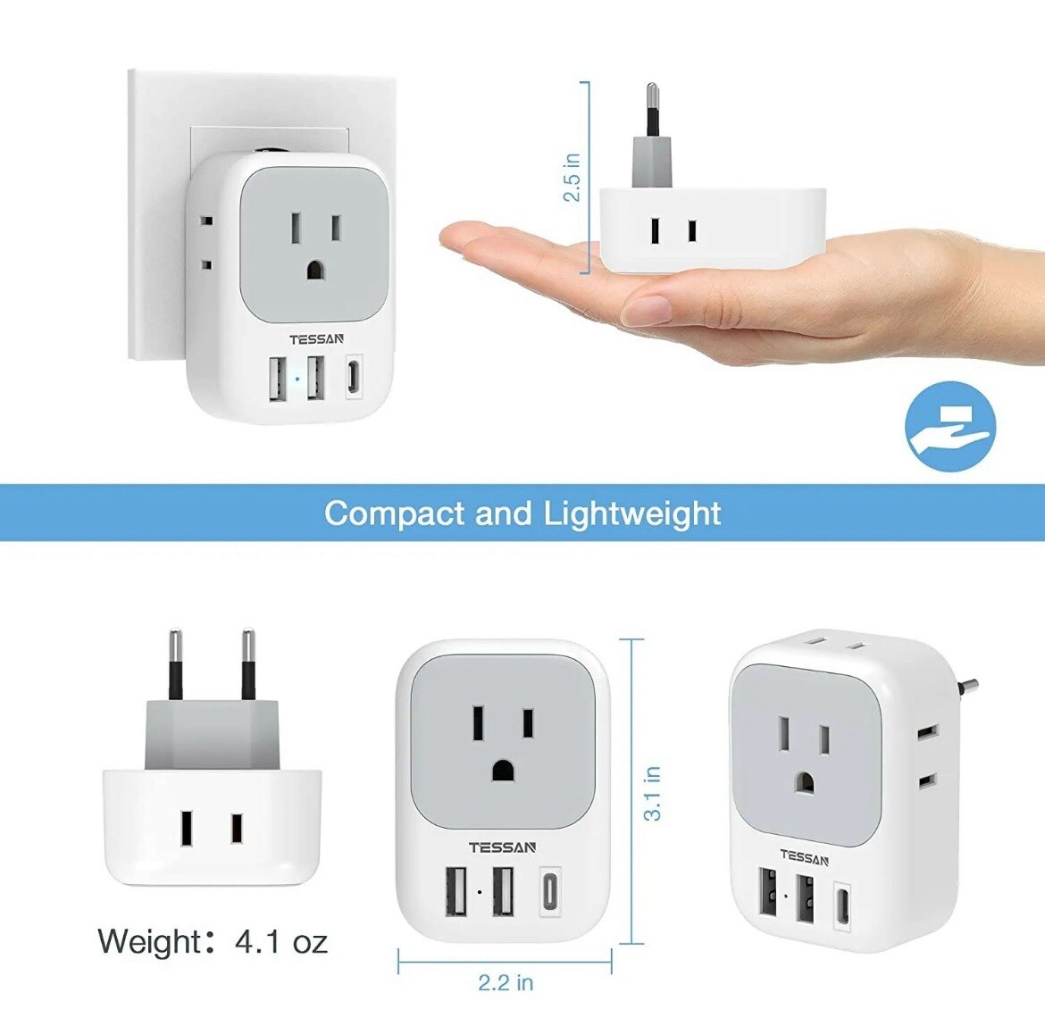 European Plug Adapter Travel Power Plug with 4 Outlets 2USB Port 1 USB C