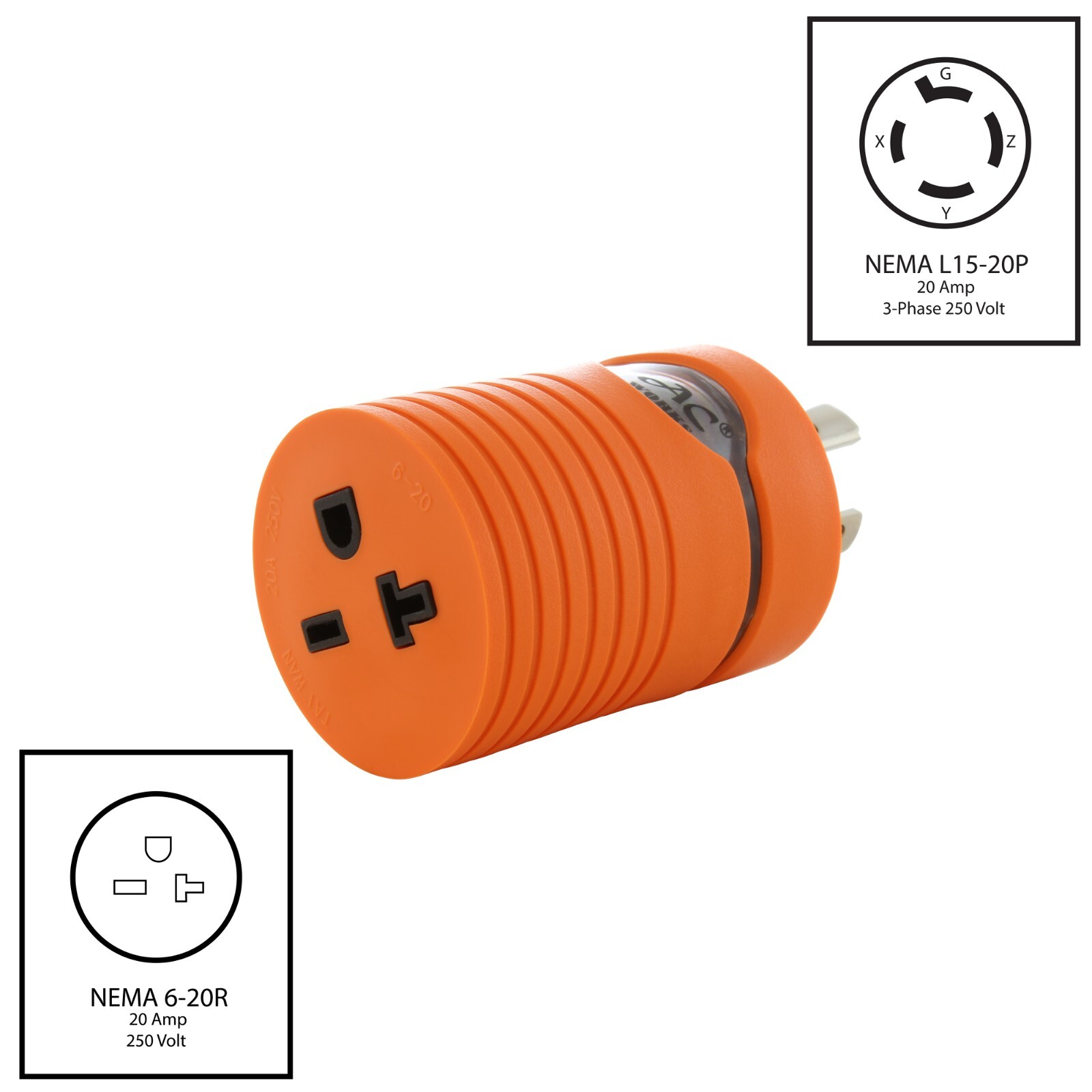 20A 250V 3-Phase NEMA L15-20P to 20A 250V NEMA 6-20R Adapter by AC WORKS®