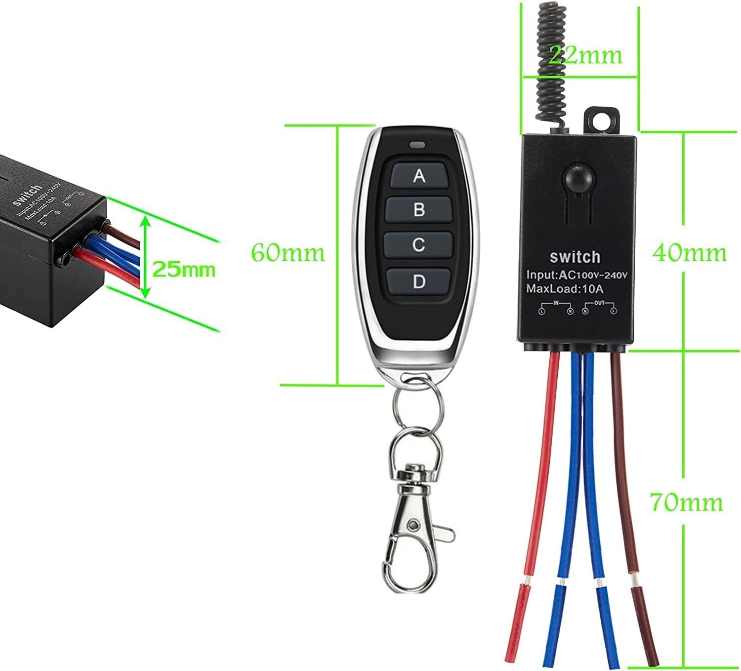 4 Way Mini Remote Control Switch,AC 110V/120V/220V/240V/10A Relay ON/Off Swit…