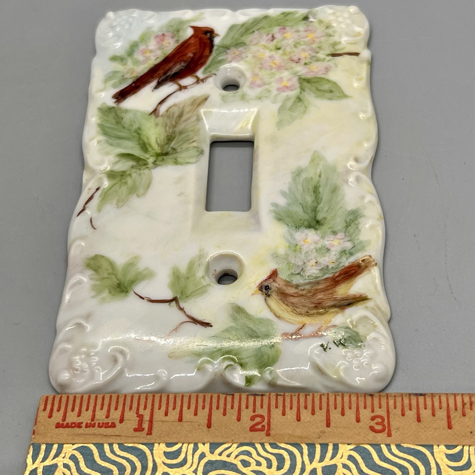Vintage Porcelain Single Light Switch Plate Hand Painted Florals Cardinal Birds