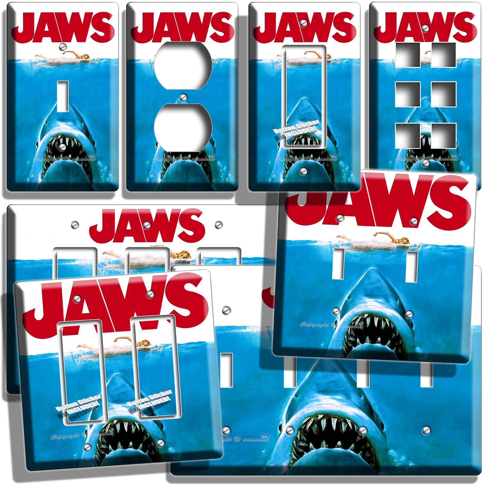 JAWS INSPIRED ANGRY SHARK BIG TEETH LIGHT SWITCH OUTLET WALL PLATE TV ROOM DECOR