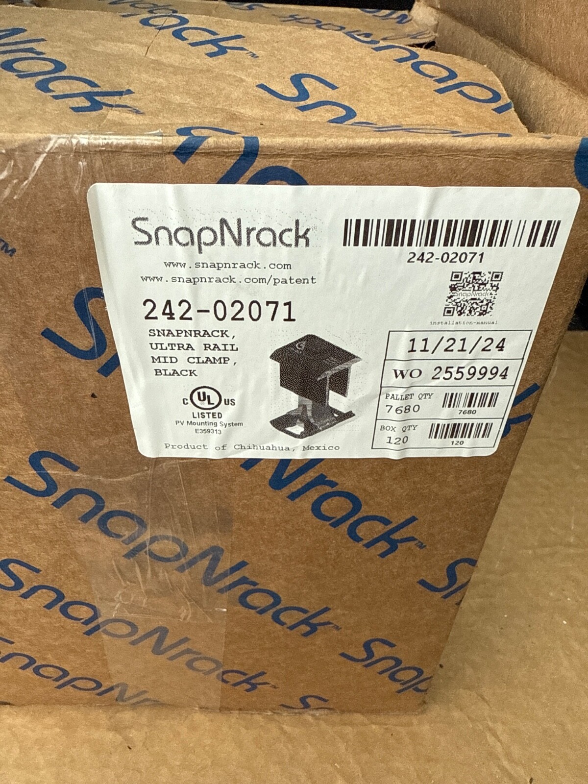 SNAPNRACK 242-02071 ULTRA RAIL MID CLAMP BLACK QTY 120