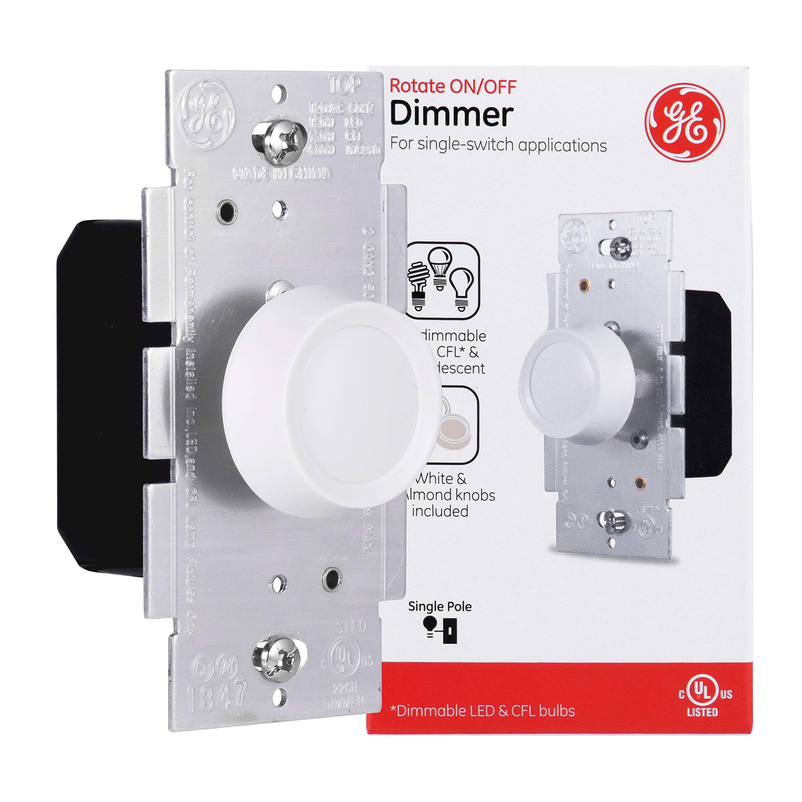 GE Rotary Dimmer Switch Single Pole White/Almond LED CFL Incandescent 18021