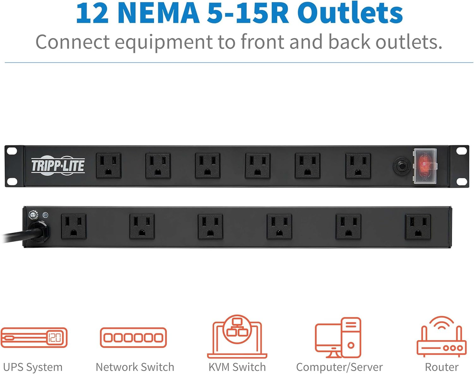 Rack Mount Power Strip PDU 12 Outlets 15A 120V 15ft Cord for Server Audio