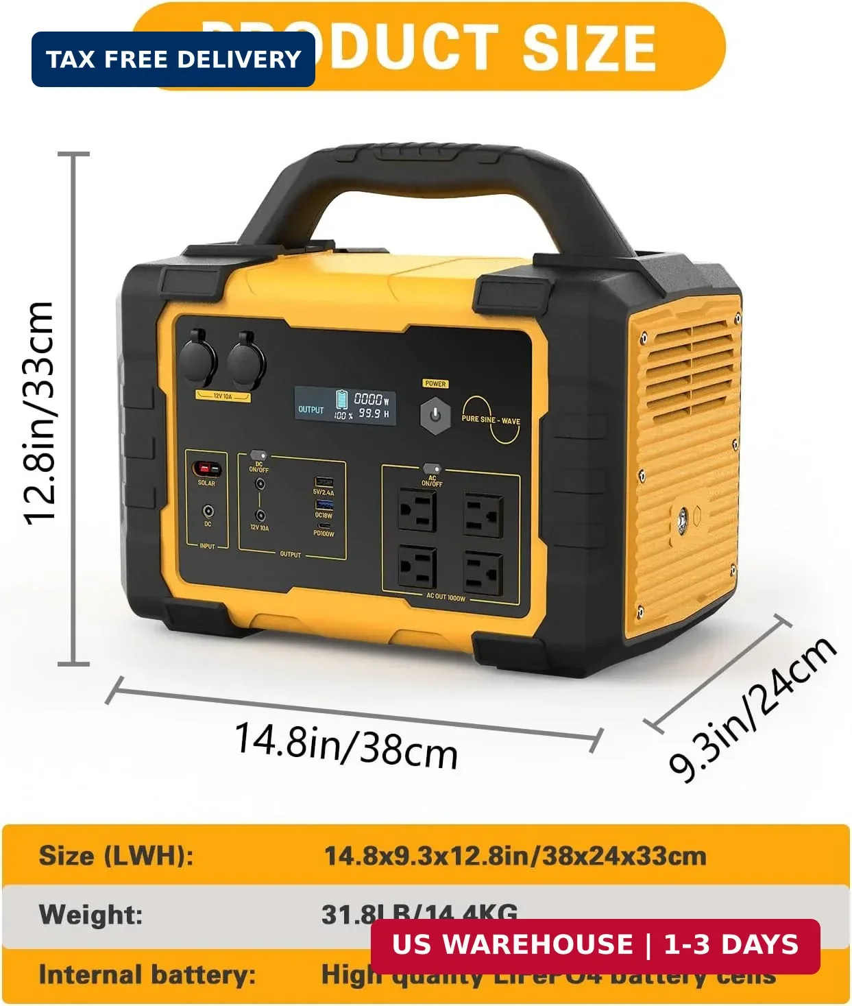 1000W Portable Power Station 1024Wh LiFePO4, (2000W Peak) Backup Battery, Solar