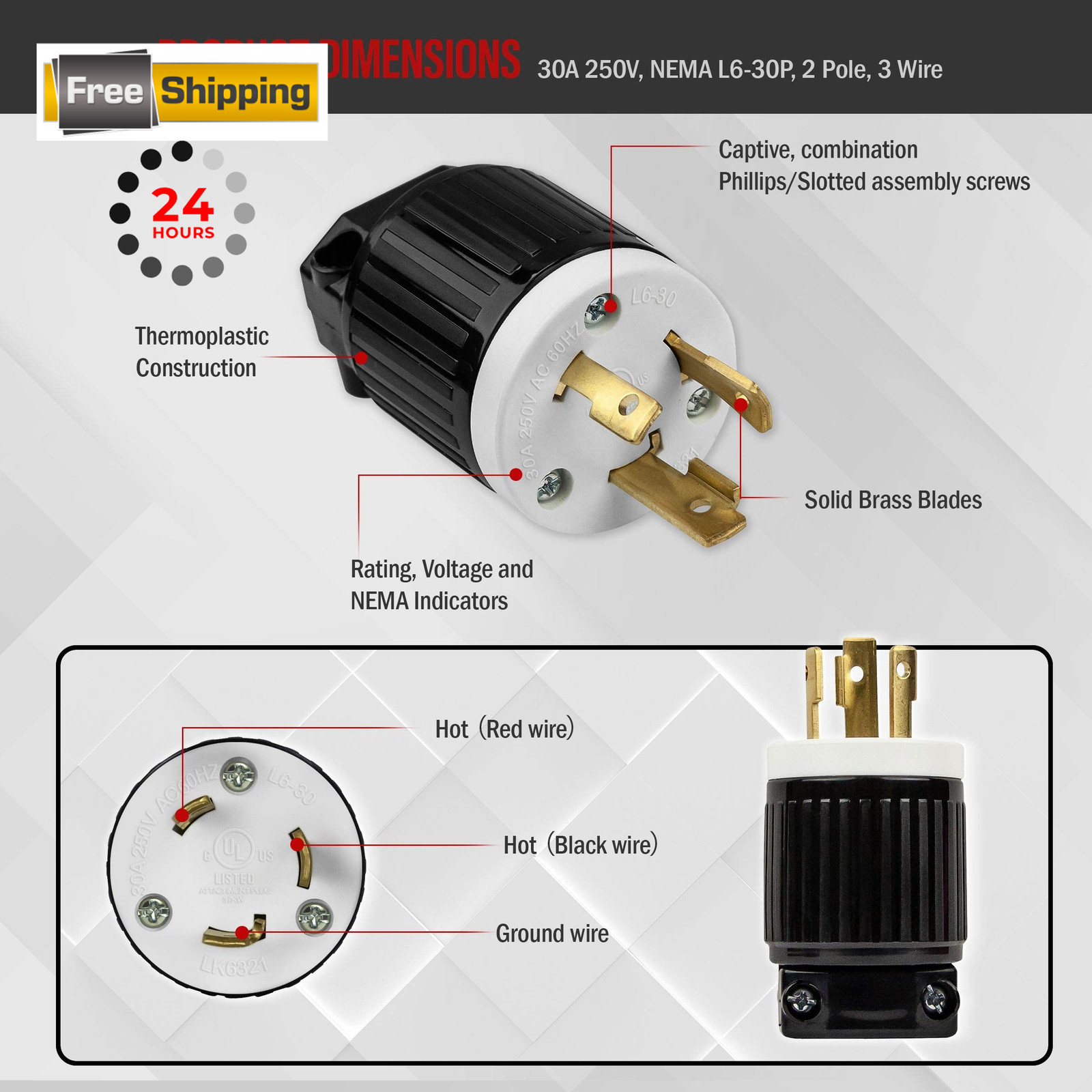 ENERLITES NEMA L6-30P Locking Plug Connector for Generator, 1 Pack, Black