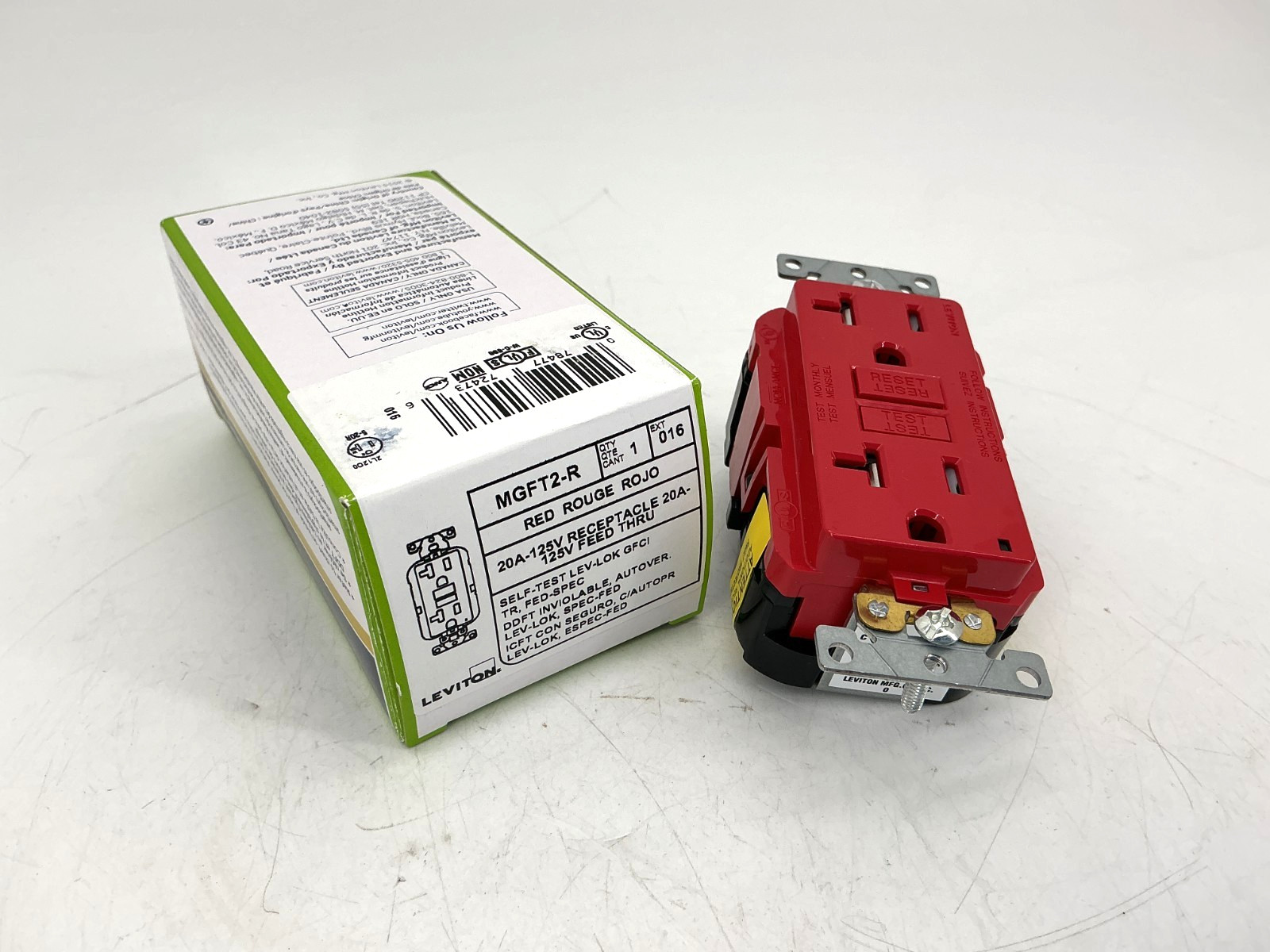 New Leviton MGFT2-R Receptacle Outlet 20A 125V 60HZ Red 016-MGFT2-R