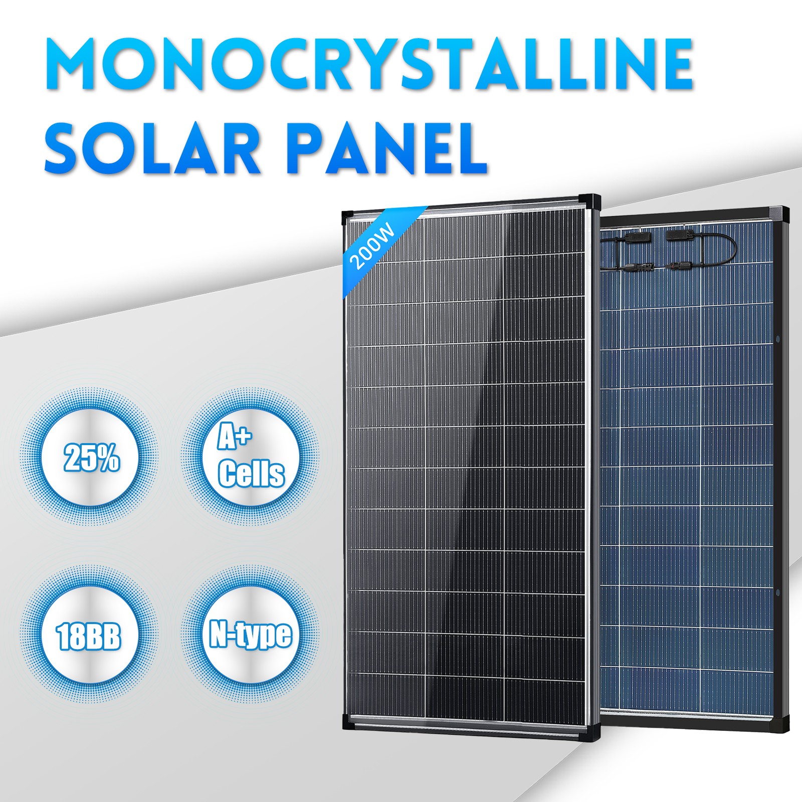 Bifacial 200W Watt Solar Panel N-Type Mono 18V 18BB Home RV Camping PV Off Grid